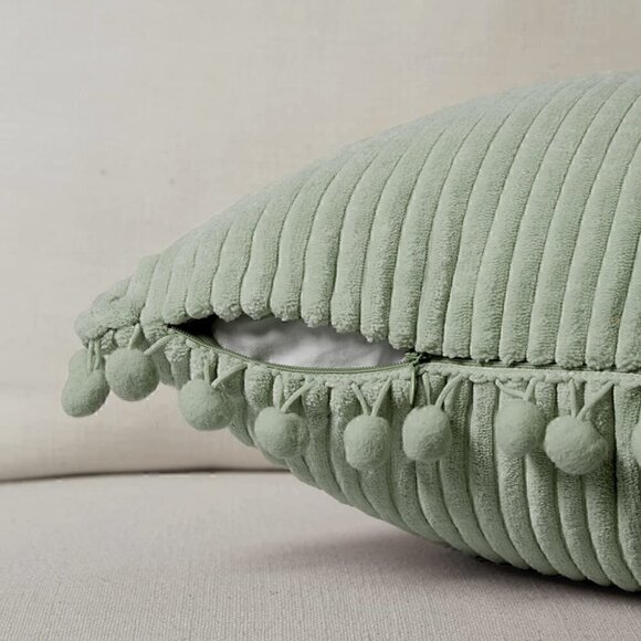 Moss Green Luxury Farmhouse Dorm Velvet Pompom Cute Throw Pillow Cover/CaseSet - Picture 4 of 8